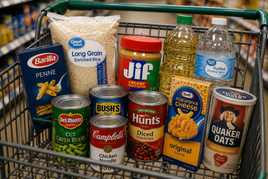Replacing emergency pantry supplies during grocery shopping.