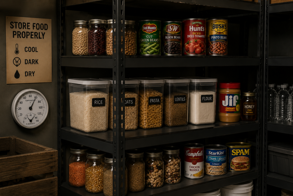 Food stored in cool, dark shelving.