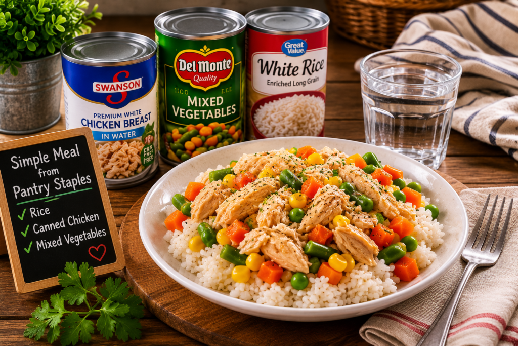 Simple meal prepared from emergency pantry foods.